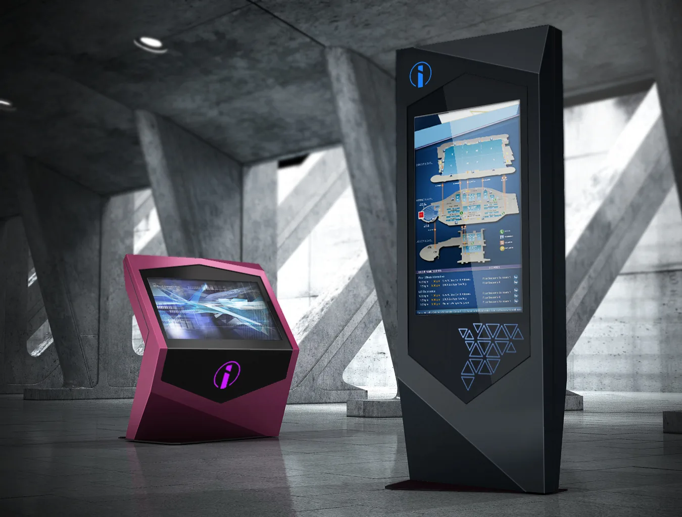 Info totem kiosk ve yatay kiosk, dokunmatik yönlendirme ve QR / NFC okuyucu