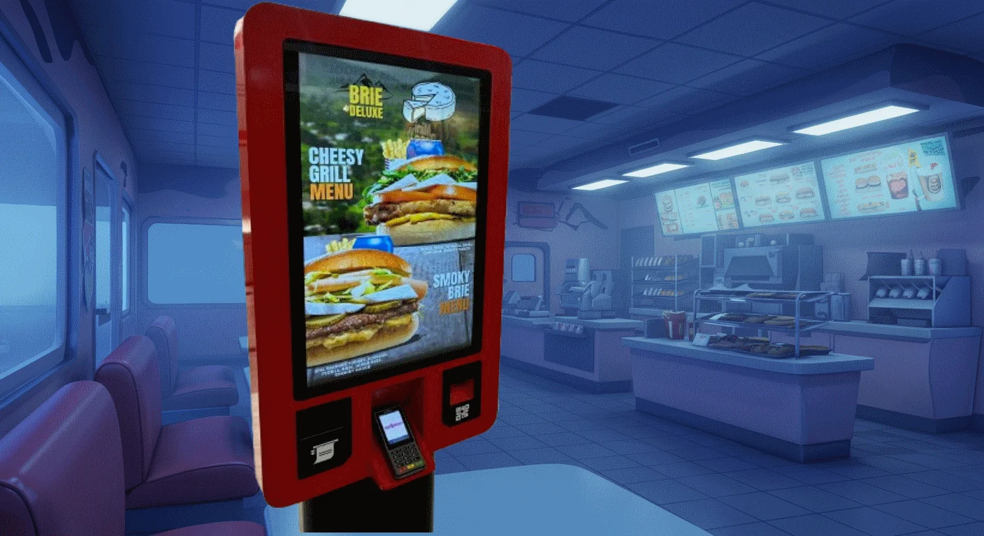 Self-servis sipariş kiosk, dokunmatik ekran ve POS entegrasyonu